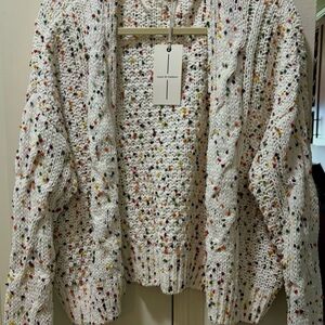 Moon & Madison cream/multi colored design. open front sweater.  Size large NWT.